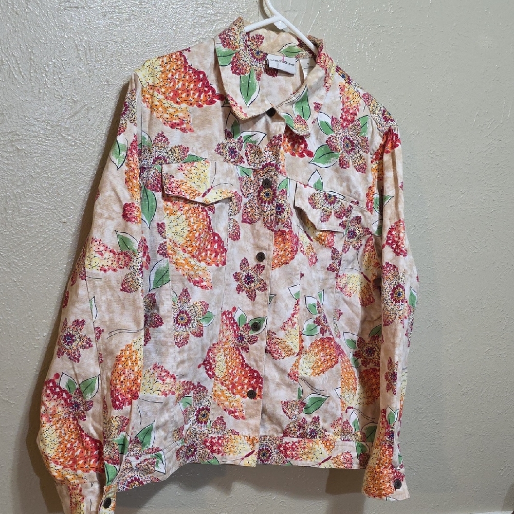 Alfred Dunner Cream Floral Denim‎ jacket Butterflys Print Colorful Women's Sz 16